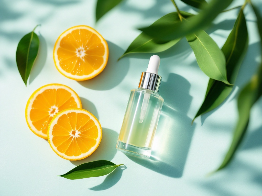 A glass dropper bottle of vitamin C serum beside fresh sliced oranges and green leaves