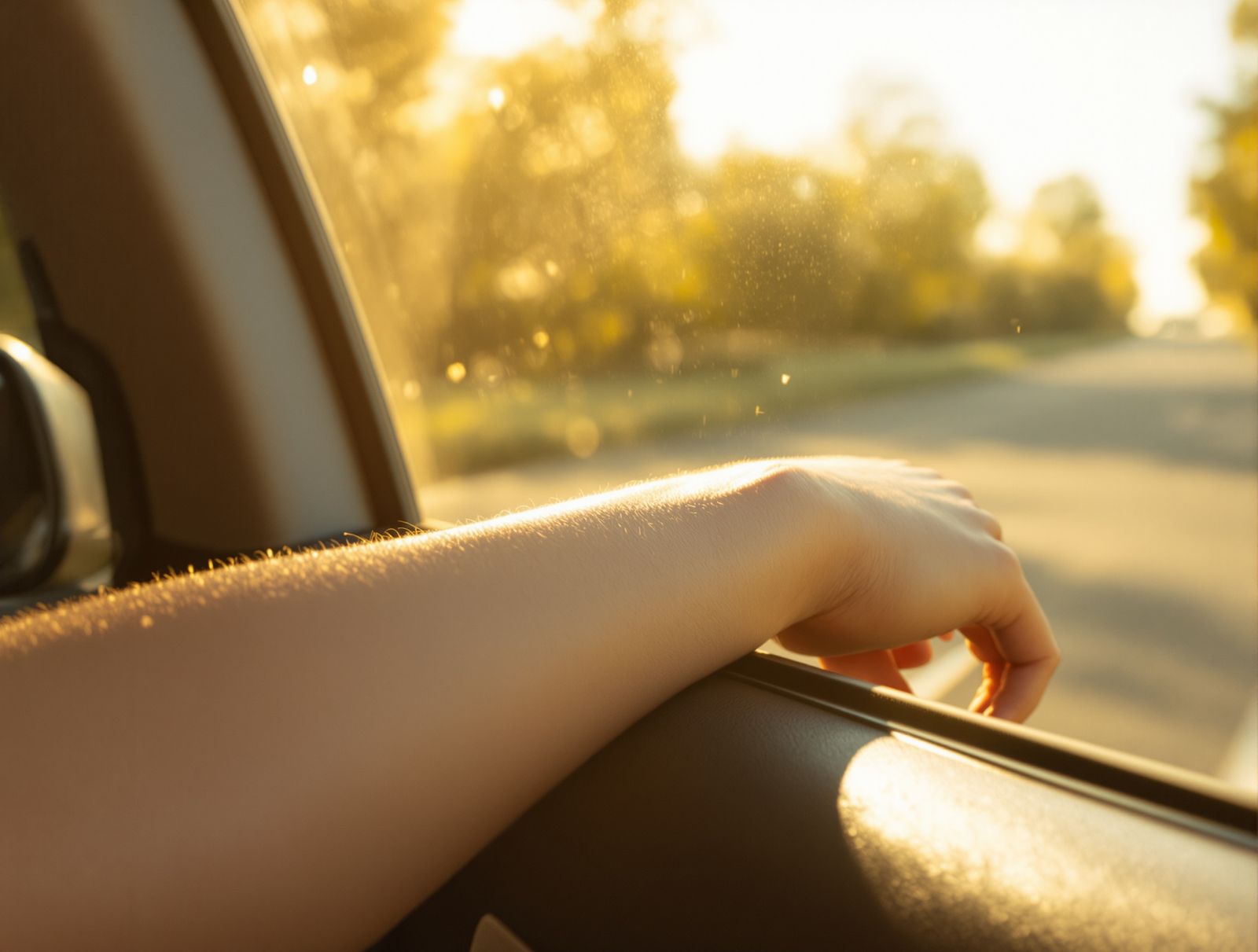 Bright sunlight streaming through a car side window onto a driver's arm and shoulder on a sunny day
