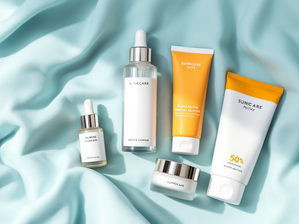 A flat lay of a daily routine: cleanser, serum, moisturizer, and broad-spectrum sunscreen