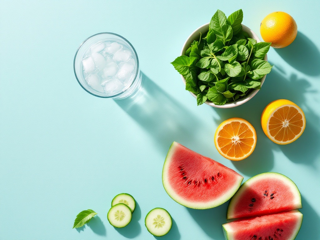 A flat lay of a glass of water, sliced watermelon, cucumber, oranges, and leafy greens on a pale aqua surface