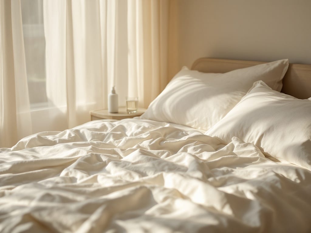 A cool bedroom with crisp white cotton sheets, a glass of water and lotion on the nightstand in soft morning light