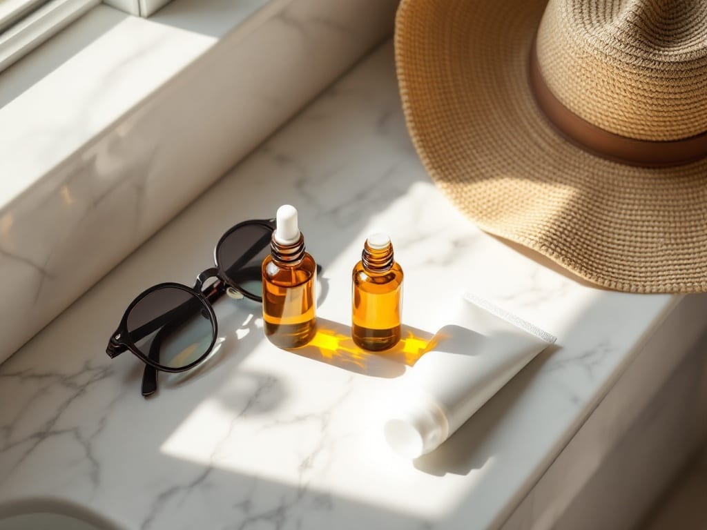 Amber medicine bottles beside sunglasses, a sunscreen tube, and a straw sun hat on a bright marble counter