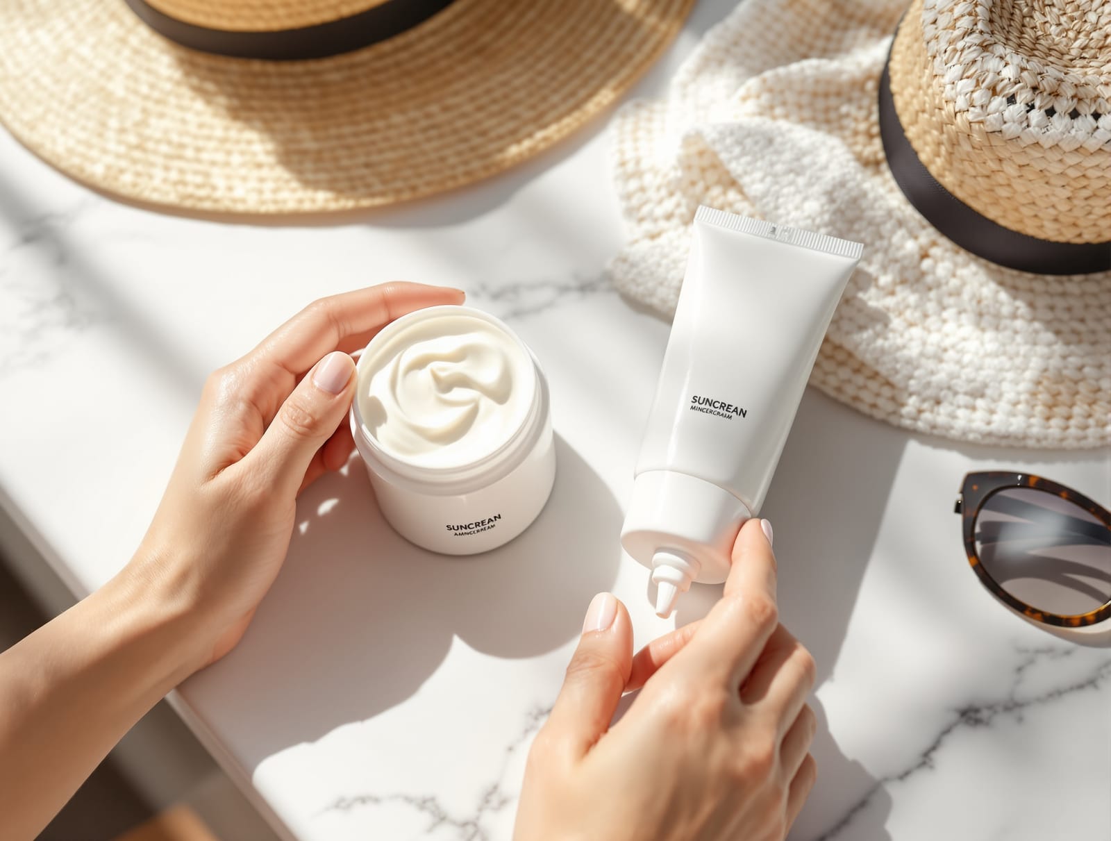 Two open sunscreen tubes on a bright surface, one thick white mineral cream and one clear lotion, beside a straw sun hat