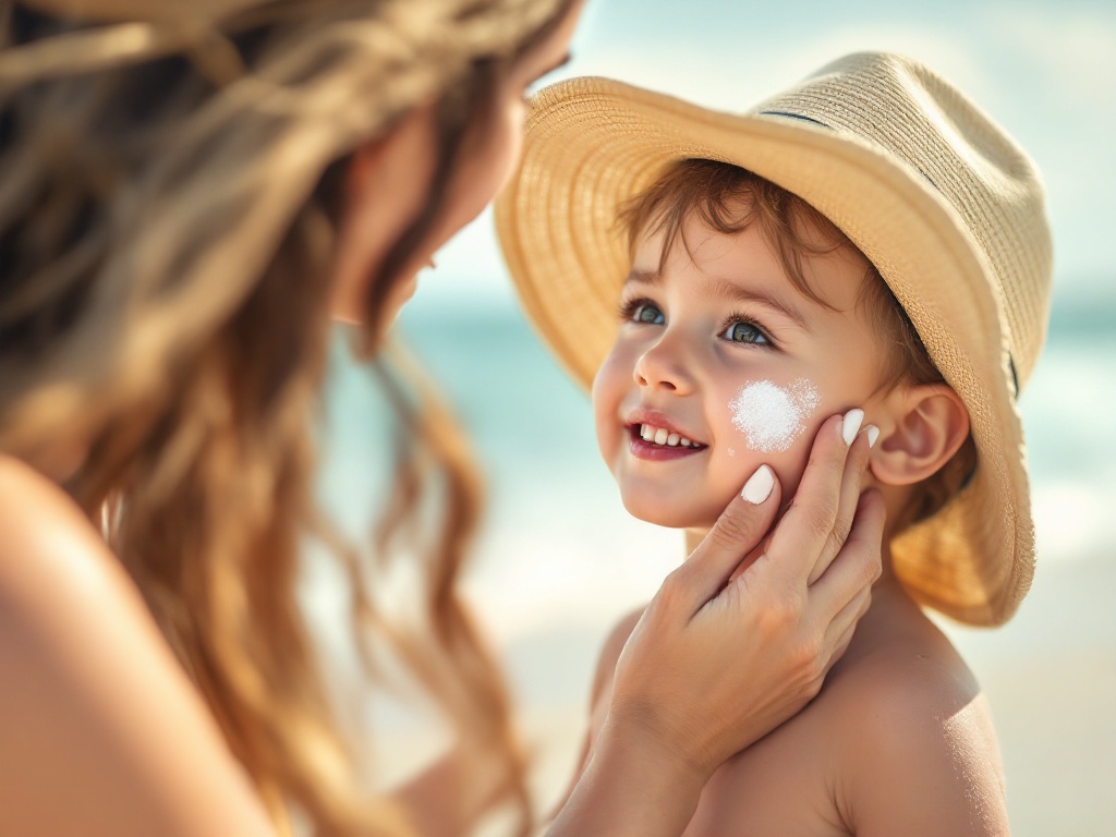 A parent applying mineral sunscreen to a young child wearing a wide-brimmed sun hat at the beach