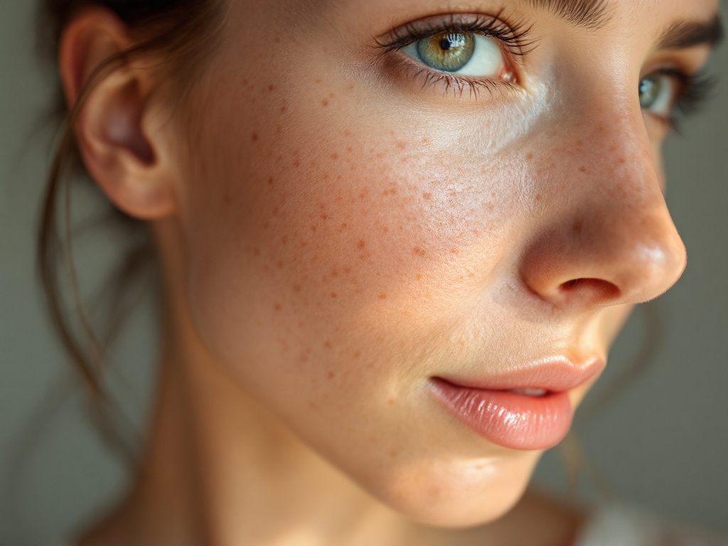 Close-up of sun-damaged facial skin showing freckling, brown sun spots, and fine lines on a cheek