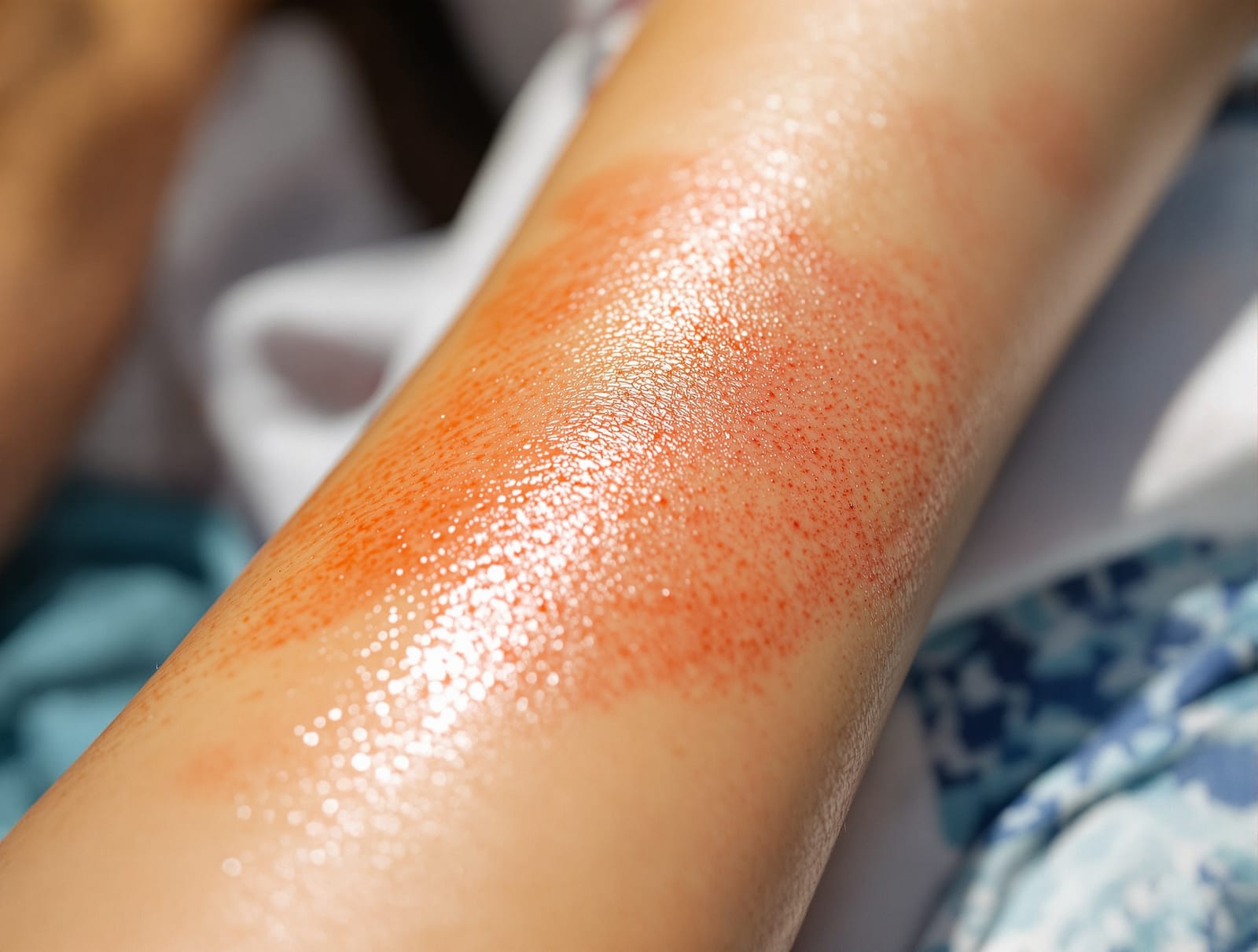 Close-up of a sunburned forearm with a colorful tattoo, reddened skin visible around and through the ink in bright summer light